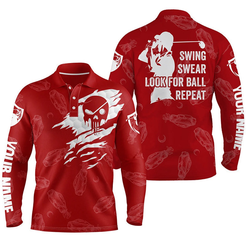 Golf Polo shirts, Mens Golf Polo Shirt Swing Swear Look For Ball Repeat Custom Name Golf Clubs Pattern Shirt Red