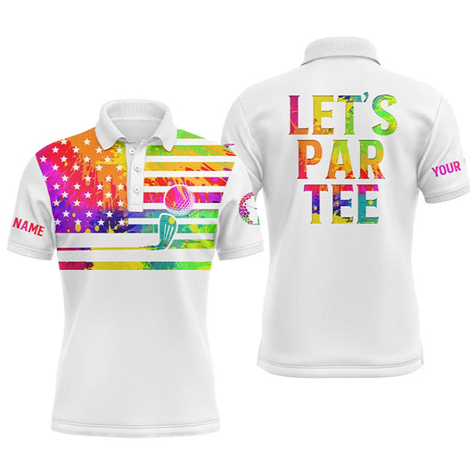 Golf Polo shirts, Mens Golf Polo Shirt Watercolor American Flag Custom Name Letâ€™S Par Tee White Golf Shirt