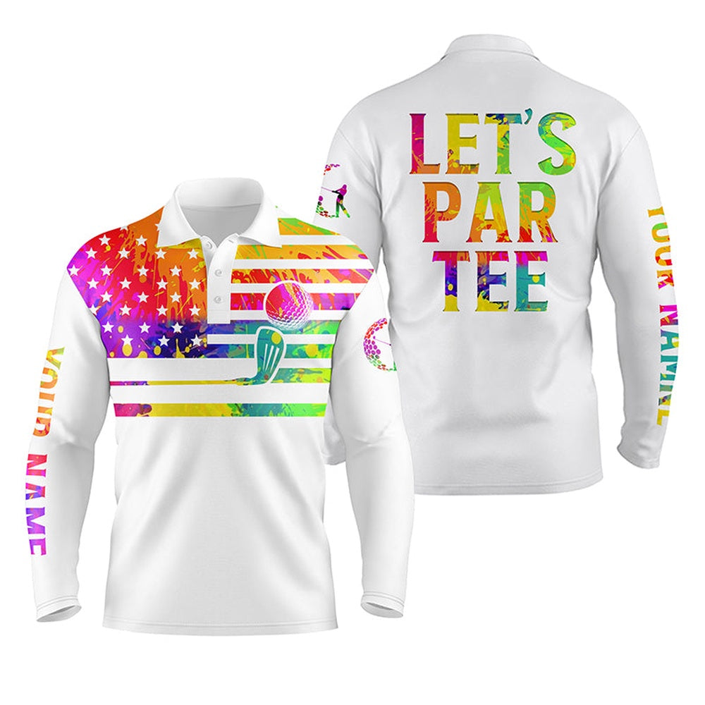 Golf Polo shirts, Mens Golf Polo Shirt Watercolor American Flag Custom Name Letâ€™S Par Tee White Golf Shirt