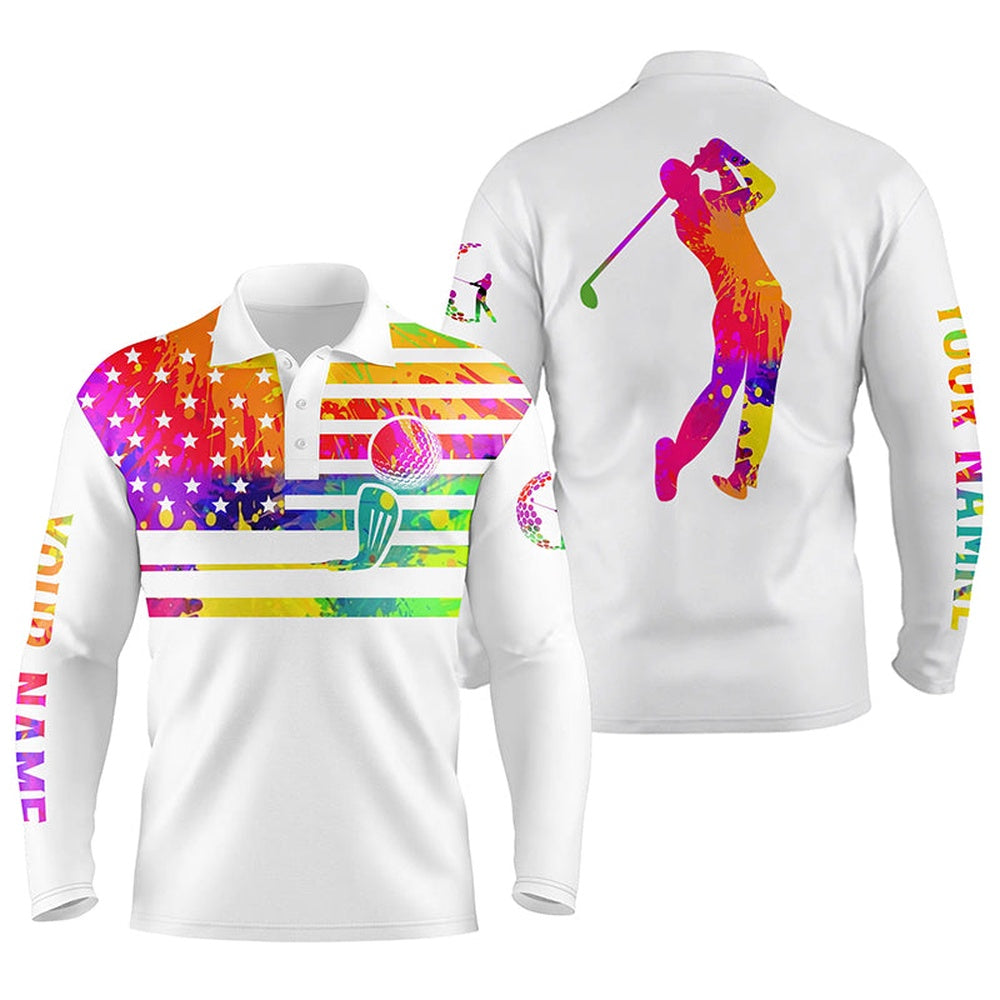 Golf Polo shirts, Mens Golf Polo Shirt Watercolor American Flag Custom Name White Golf Shirt