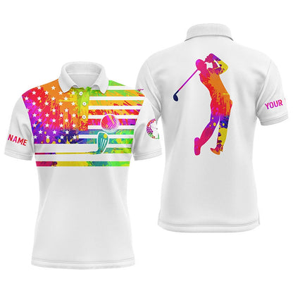 Golf Polo shirts, Mens Golf Polo Shirt Watercolor American Flag Patriot Custom White Golf Shirt