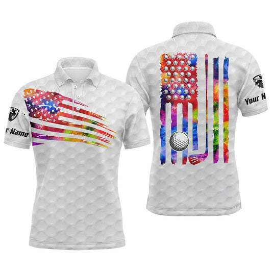 Golf Polo shirts, Mens Golf Polo Shirt Watercolor American Flag Patriotic Golf Shirts Custom Golf Gifts For Men White