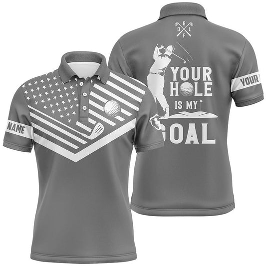 Golf Polo shirts, Mens Golf Polo Shirt White American Flag Custom Your Hole Is My Goal Funny Golf Team Shirt Gray