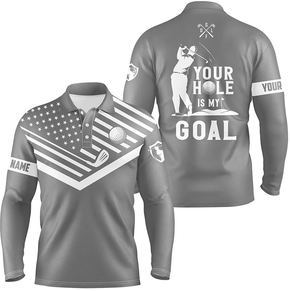 Golf Polo shirts, Mens Golf Polo Shirt White American Flag Custom Your Hole Is My Goal Funny Golf Team Shirt Gray