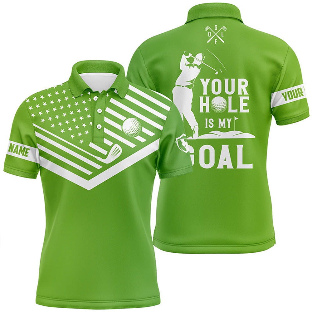 Golf Polo shirts, Mens Golf Polo Shirt White American Flag Custom Your Hole Is My Goal Funny Golf Team Shirt Green