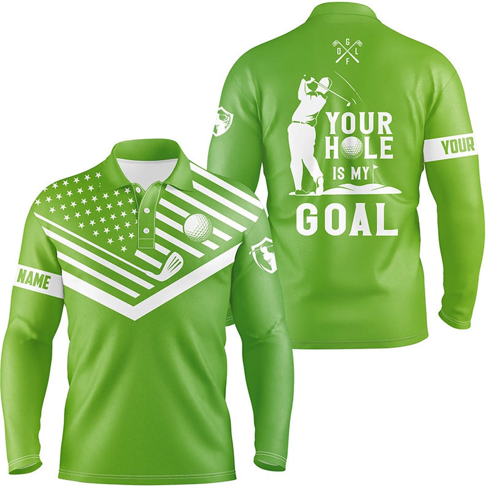 Golf Polo shirts, Mens Golf Polo Shirt White American Flag Custom Your Hole Is My Goal Funny Golf Team Shirt Green