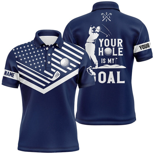 Golf Polo shirts, Mens Golf Polo Shirt White American Flag Custom Your Hole Is My Goal Funny Golf Team Shirt Navy