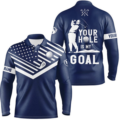 Golf Polo shirts, Mens Golf Polo Shirt White American Flag Custom Your Hole Is My Goal Funny Golf Team Shirt Navy