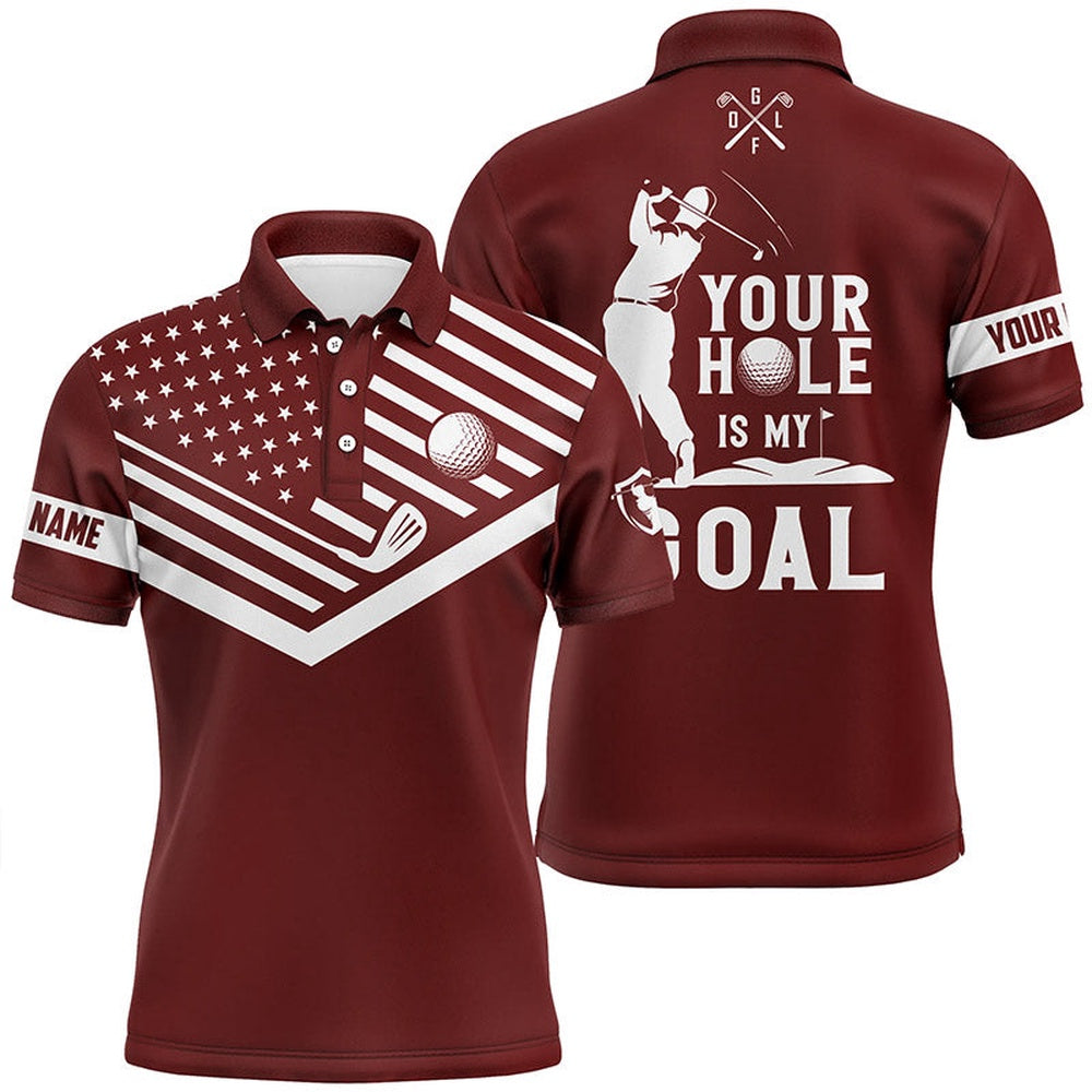 Golf Polo shirts, Mens Golf Polo Shirt White American Flag Custom Your Hole Is My Goal Funny Golf Team Shirt Red