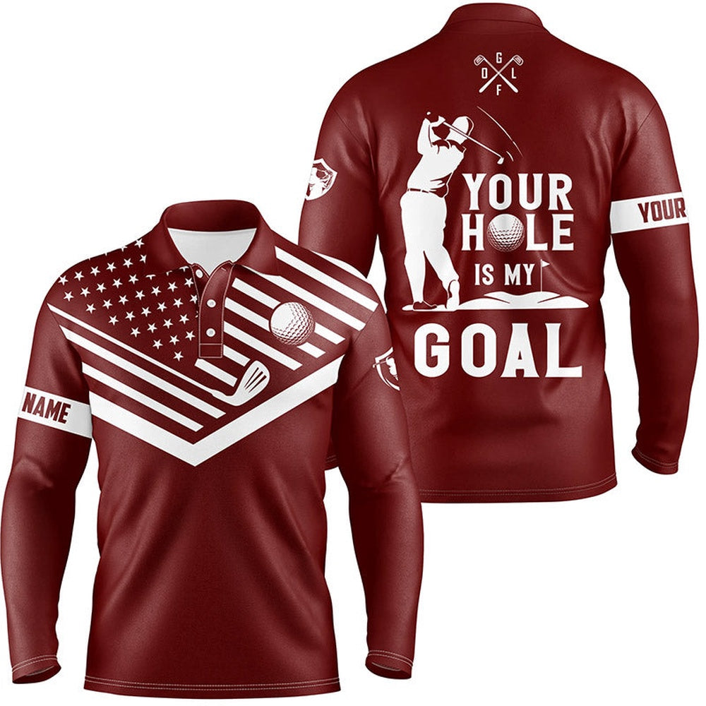 Golf Polo shirts, Mens Golf Polo Shirt White American Flag Custom Your Hole Is My Goal Funny Golf Team Shirt Red