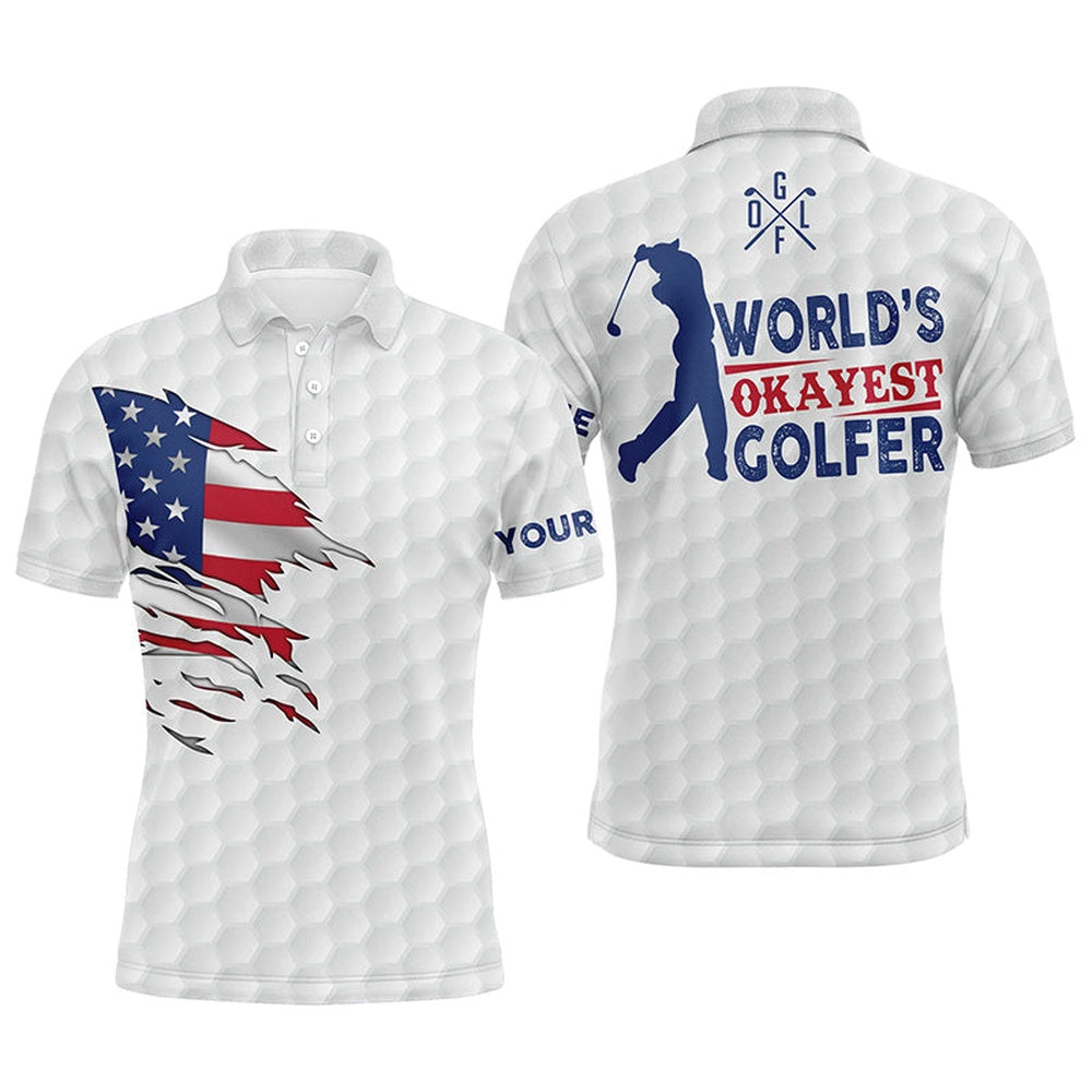 Golf Polo shirts, Mens Golf Polo Shirt World'S Okayest Golfer Custom Name White American Flag Golf Shirts