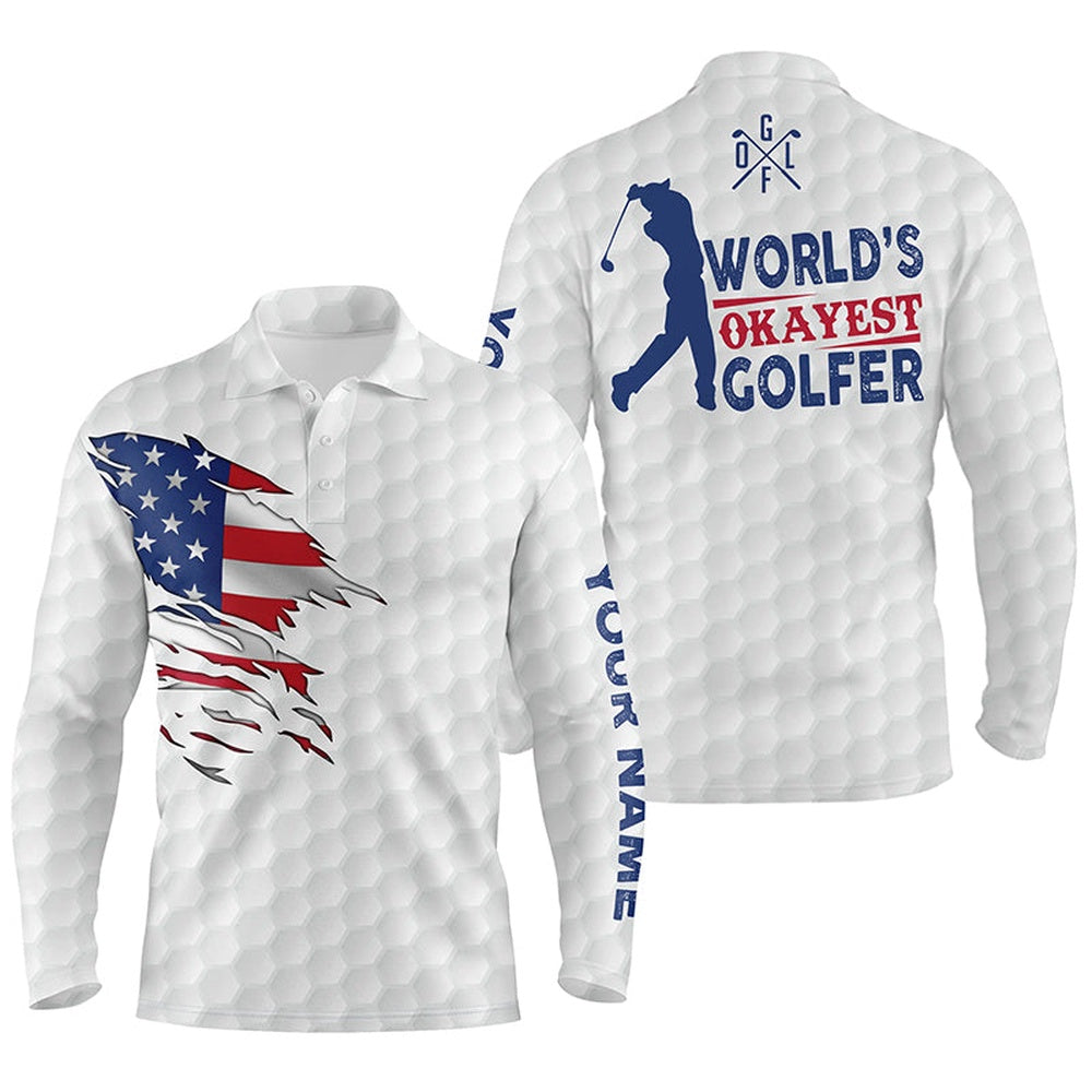 Golf Polo shirts, Mens Golf Polo Shirt World'S Okayest Golfer Custom Name White American Flag Golf Shirts