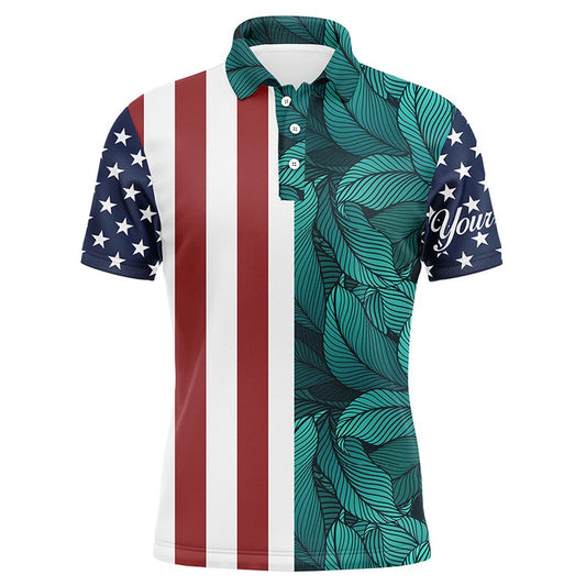 Golf Polo shirts, Mens Golf Polo Shirts American Flag Patriotic Custom Tropical Leaf Pattern Golf Shirts For Men