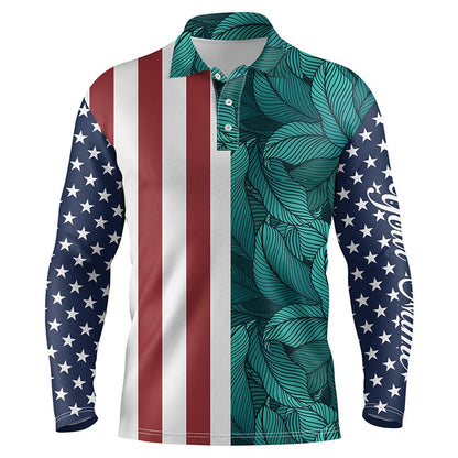 Golf Polo shirts, Mens Golf Polo Shirts American Flag Patriotic Custom Tropical Leaf Pattern Golf Shirts For Men