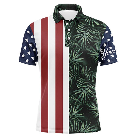 Golf Polo shirts, Mens Golf Polo Shirts American Flag Patriotic Custom Tropical Leaves Pattern Golf Shirts For Men