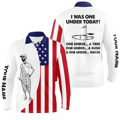 Golf Polo shirts, Mens Golf Polo Shirts American Flag White Golf Skull Custom I Was One Under Today Tree, Bush And Water