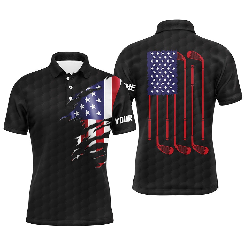 Golf Polo shirts, Mens Golf Polo Shirts Black Golf Ball American Flag Patriotic Golf Clubs Custom Name Golfing Gifts