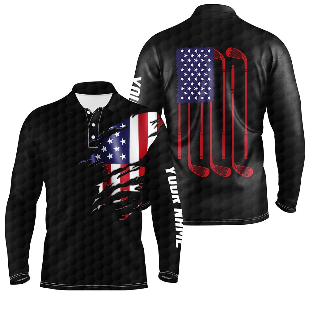 Golf Polo shirts, Mens Golf Polo Shirts Black Golf Ball American Flag Patriotic Golf Clubs Custom Name Golfing Gifts