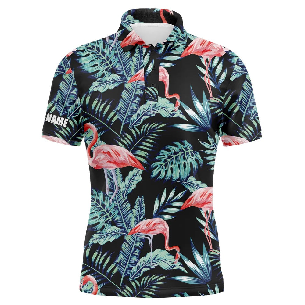 Golf Polo shirts, Mens Golf Polo Shirts Blue Forest Jungle Pattern Pink Flamingo Golf Shirts Custom Golf Shirts For Men