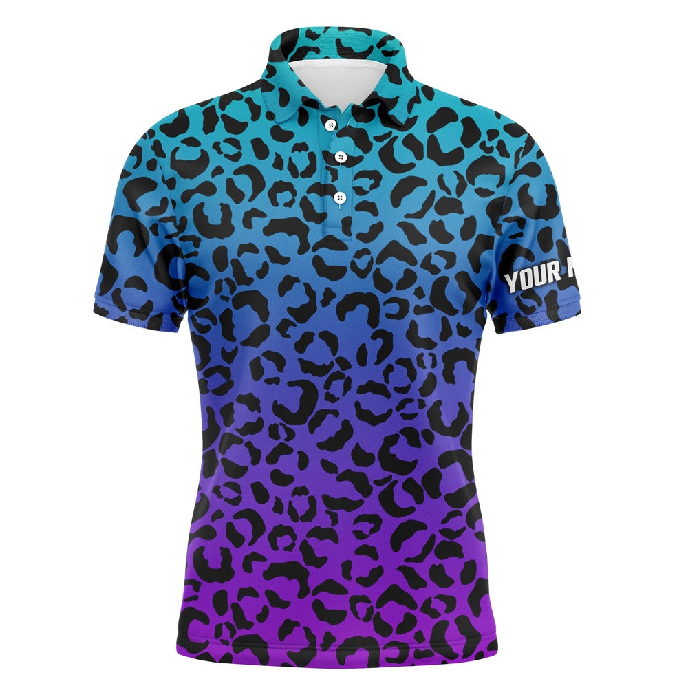 Golf Polo shirts, Mens Golf Polo Shirts Blue Purple Neon Leopard Pattern Golf Shirt Custom Name Golf Wear For Mens