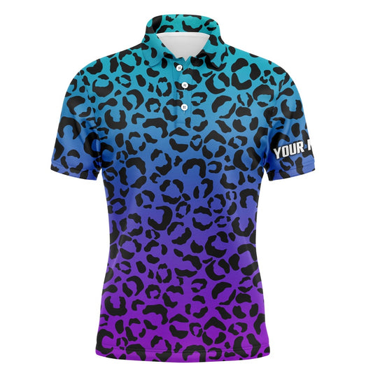 Golf Polo shirts, Mens Golf Polo Shirts Blue Purple Neon Leopard Pattern Golf Shirt Custom Name Golf Wear For Mens