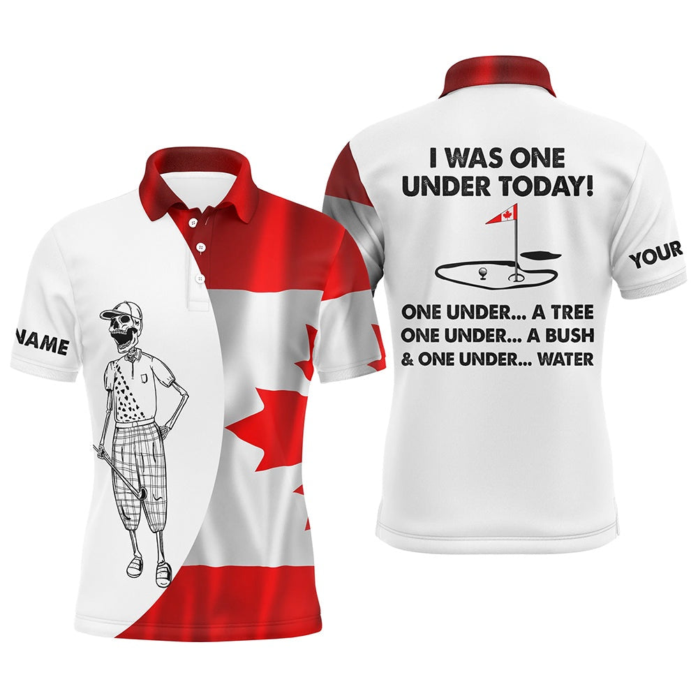 Golf Polo shirts, Mens Golf Polo Shirts Canadian Flag White Golf Skull Custom I Was One Under Today Tree, Bush And Water