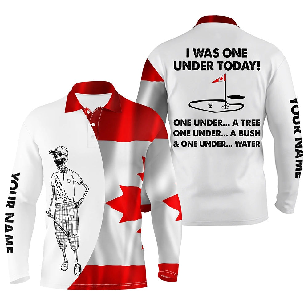 Golf Polo shirts, Mens Golf Polo Shirts Canadian Flag White Golf Skull Custom I Was One Under Today Tree, Bush And Water