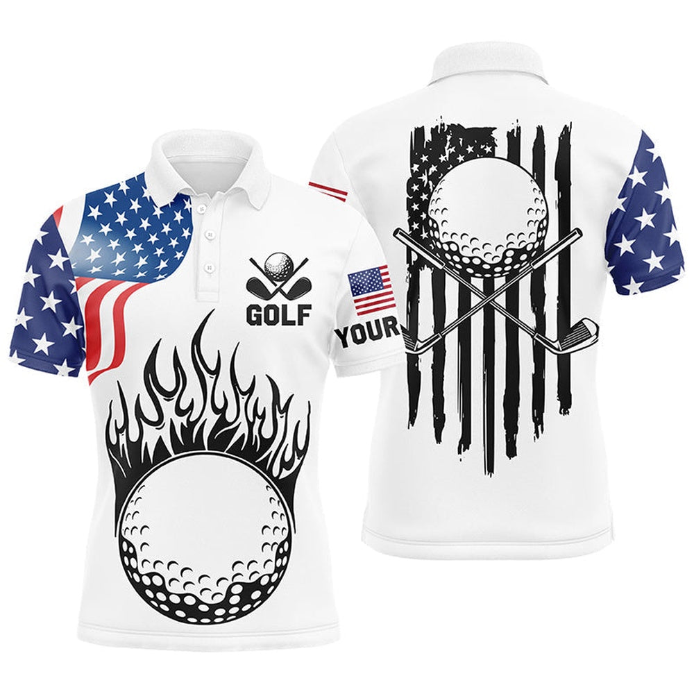 Golf Polo shirts, Mens Golf Polo Shirts Custom American Flag Golf Ball Fire Patriot Golf Tops, Golf Attire For Mens