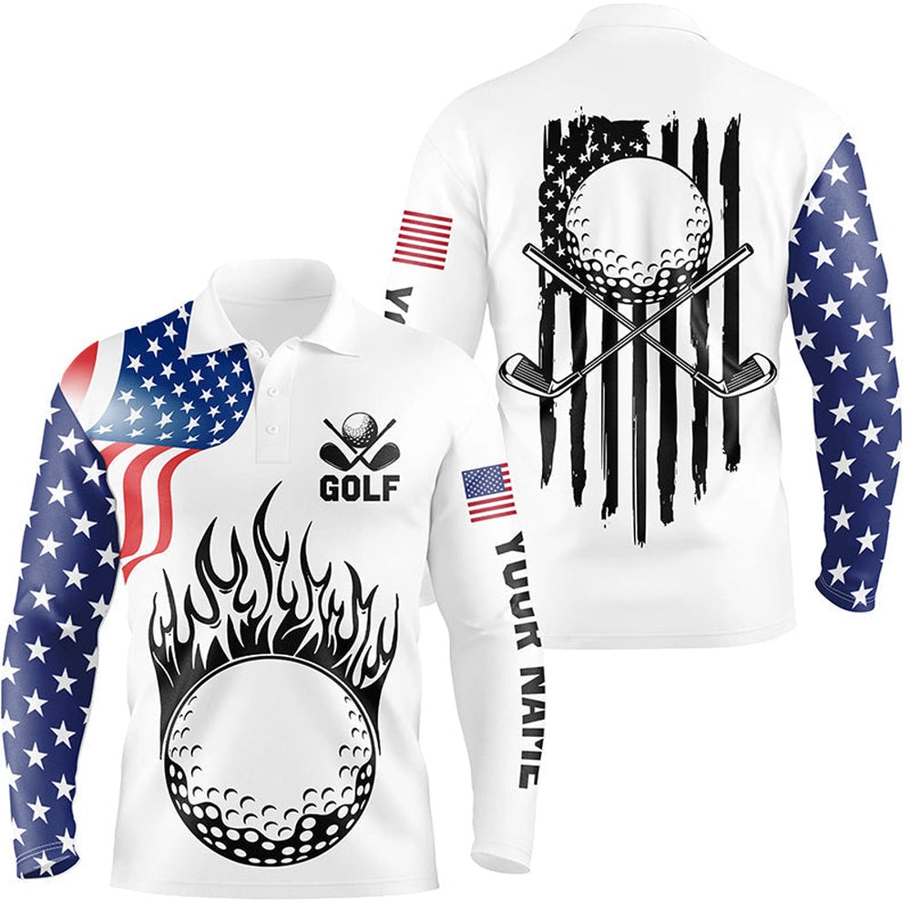 Golf Polo shirts, Mens Golf Polo Shirts Custom American Flag Golf Ball Fire Patriot Golf Tops, Golf Attire For Mens