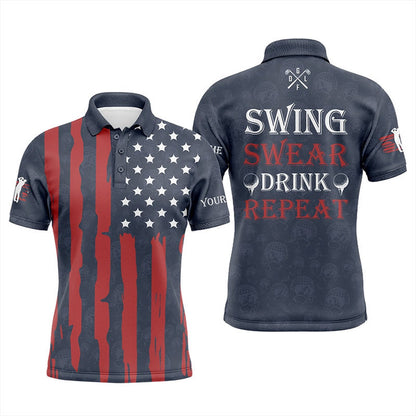 Golf Polo shirts, Mens Golf Polo Shirts Custom American Flag Patriotic Golf Shirt Swing Swear Drink Repeat Navy