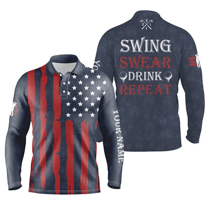Golf Polo shirts, Mens Golf Polo Shirts Custom American Flag Patriotic Golf Shirt Swing Swear Drink Repeat Navy