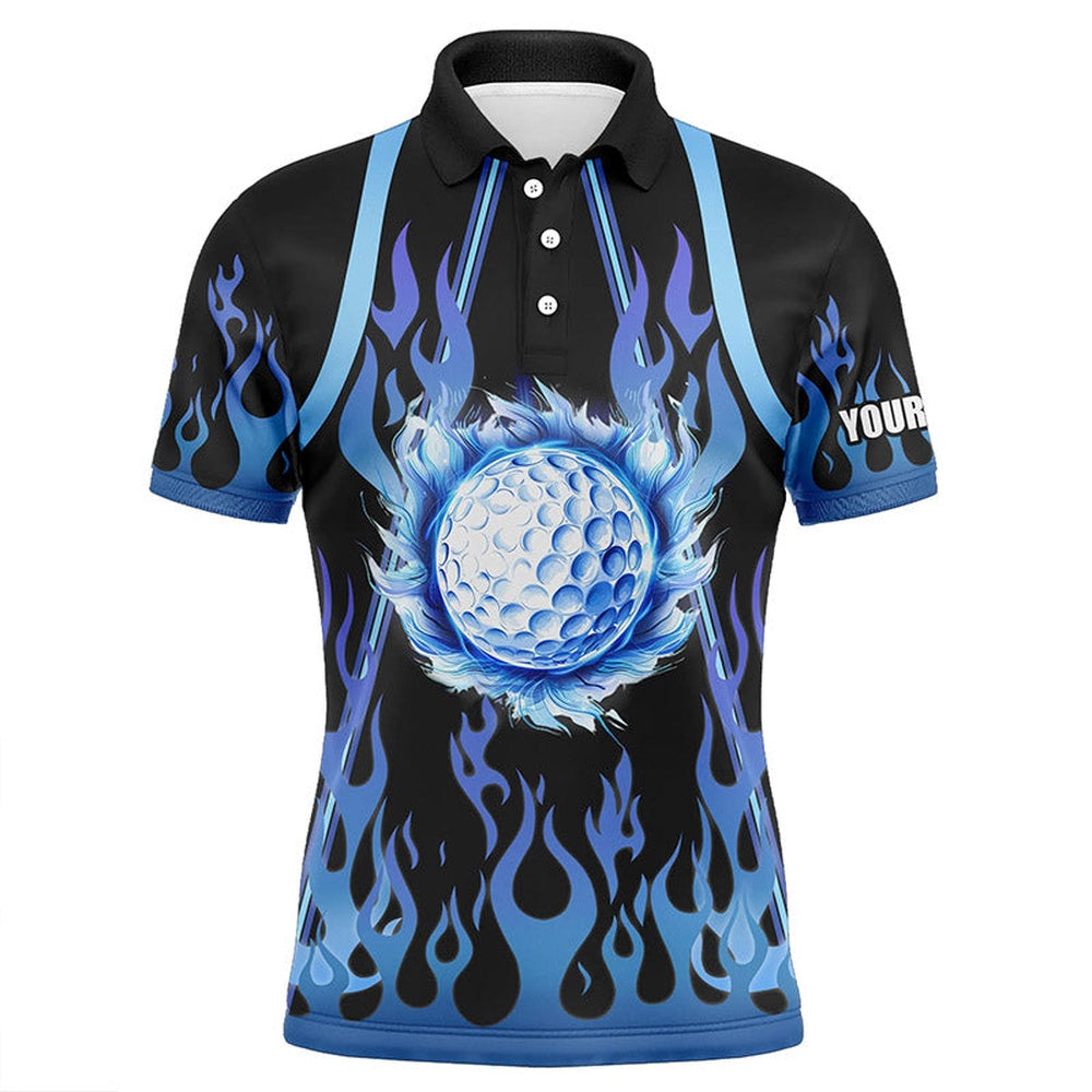 Golf Polo shirts, Mens Golf Polo Shirts Custom Black And Blue Flame Golf Ball Golf Outfits For Mens