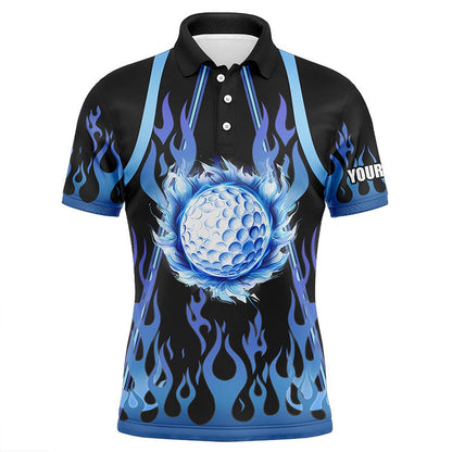 Golf Polo shirts, Mens Golf Polo Shirts Custom Black And Blue Flame Golf Ball Golf Outfits For Mens