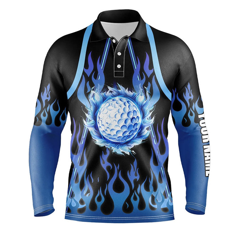 Golf Polo shirts, Mens Golf Polo Shirts Custom Black And Blue Flame Golf Ball Golf Outfits For Mens