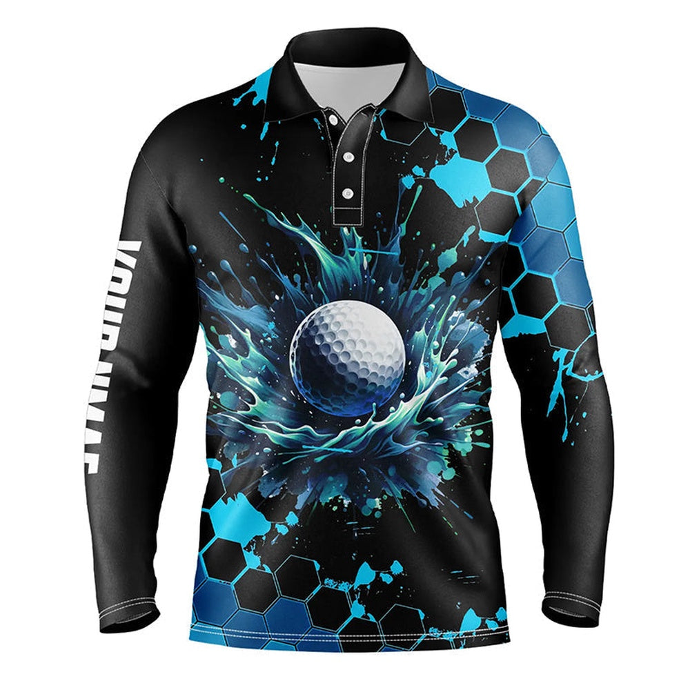 Golf Polo shirts, Mens Golf Polo Shirts Custom Black And Blue Watercolor Golf Tops For Men, Gift For Golf Lovers