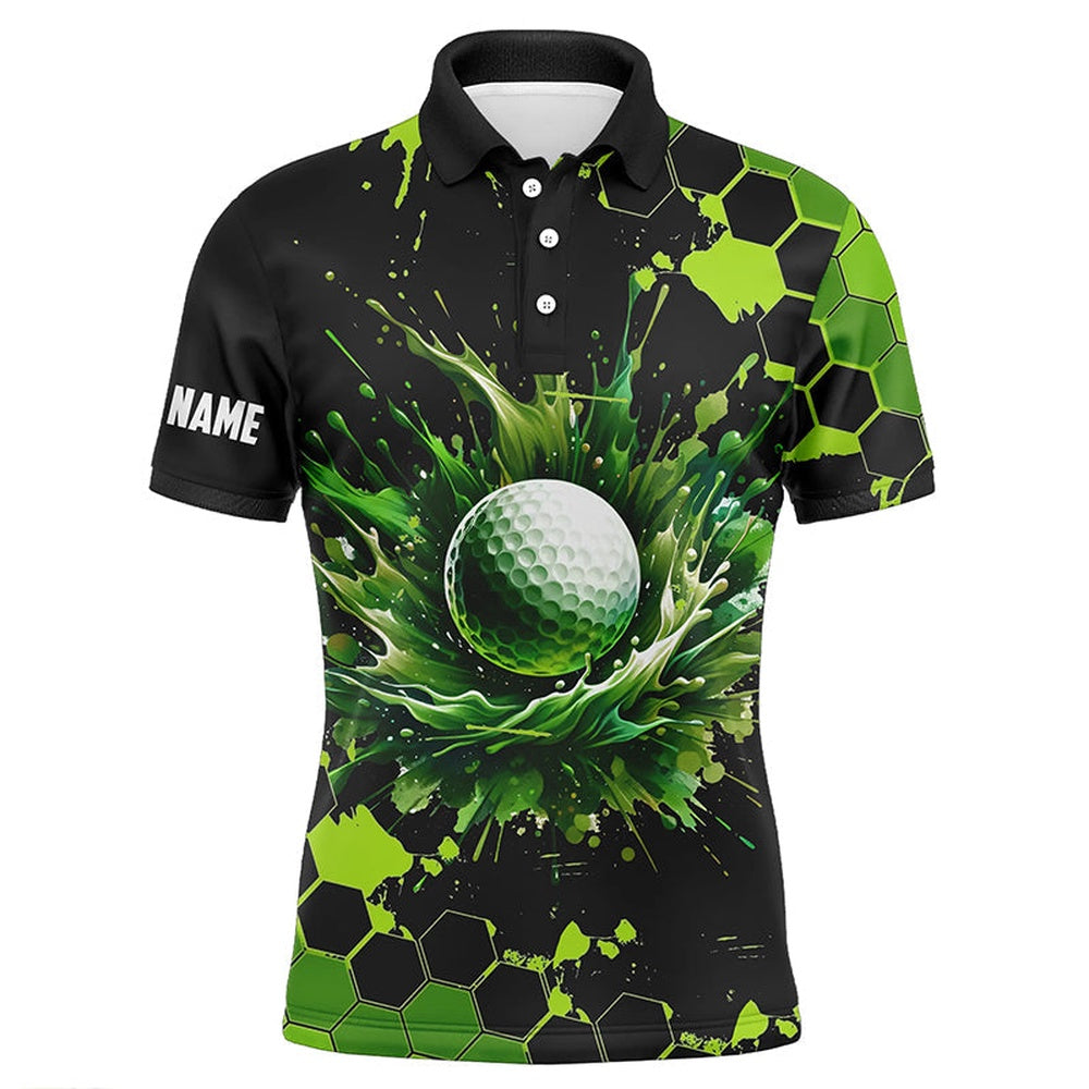 Golf Polo shirts, Mens Golf Polo Shirts Custom Black And Green Watercolor Golf Tops For Men, Gift For Golf Lovers