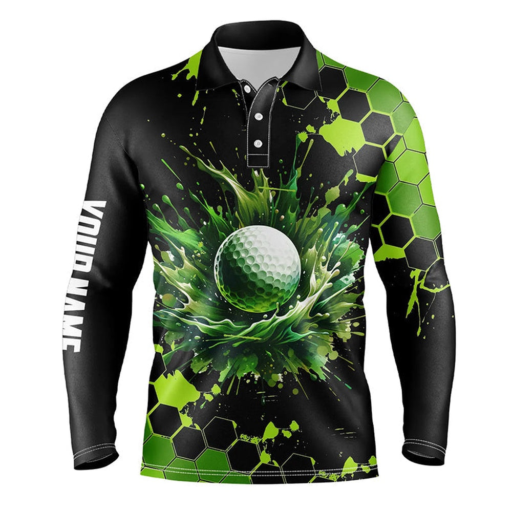 Golf Polo shirts, Mens Golf Polo Shirts Custom Black And Green Watercolor Golf Tops For Men, Gift For Golf Lovers