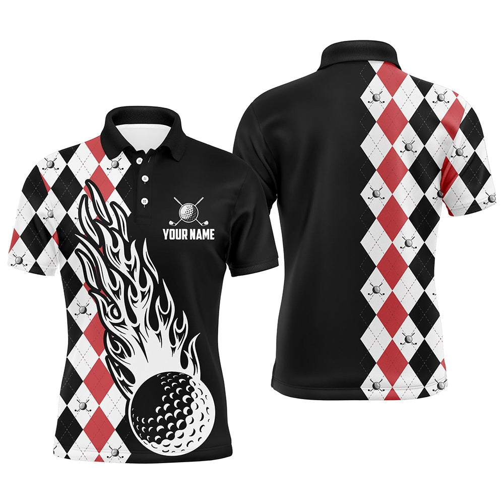 Golf Polo shirts, Mens Golf Polo Shirts Custom Black And Red Argyle Pattern Golf Ball Fire Cool Men'S Golf Shirt