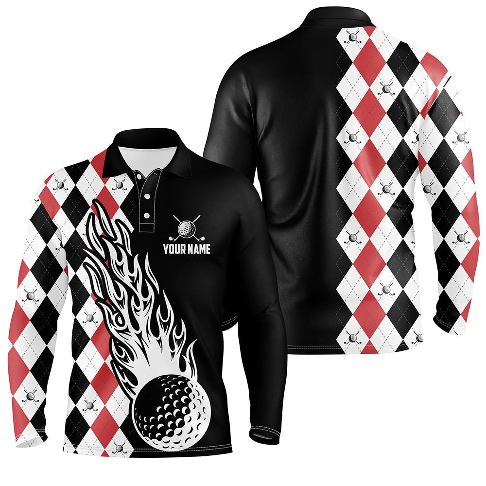 Golf Polo shirts, Mens Golf Polo Shirts Custom Black And Red Argyle Pattern Golf Ball Fire Cool Men'S Golf Shirt