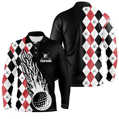Golf Polo shirts, Mens Golf Polo Shirts Custom Black And Red Argyle Pattern Golf Ball Fire Cool Men'S Golf Shirt