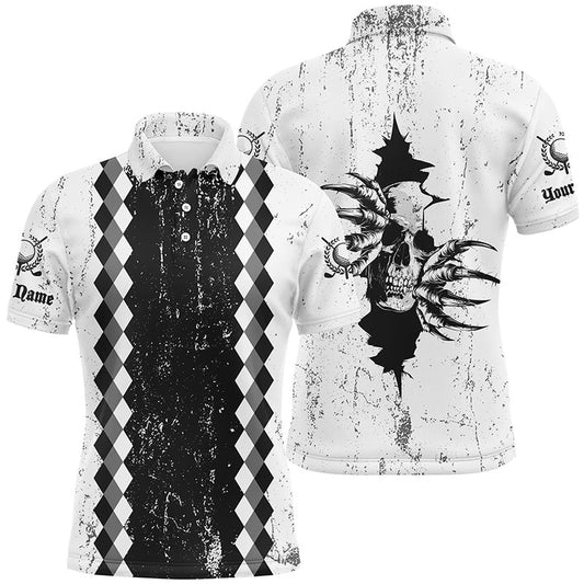 Golf Polo shirts, Mens Golf Polo Shirts Custom Black And White Grunge Argyle Pattern Skull Golf Outfits For Men