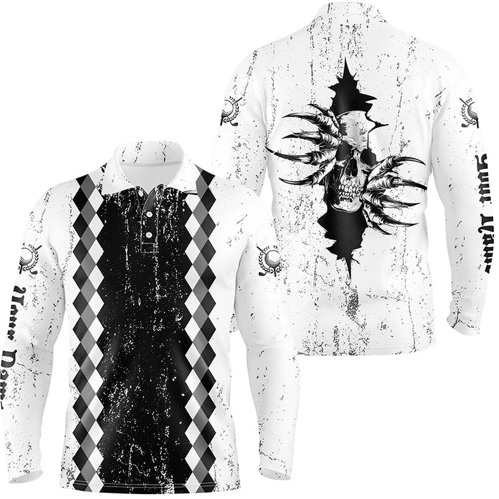 Golf Polo shirts, Mens Golf Polo Shirts Custom Black And White Grunge Argyle Pattern Skull Golf Outfits For Men