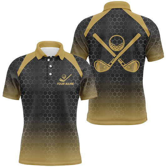 Golf Polo shirts, Mens Golf Polo Shirts Custom Black And Yellow Hexagon Pattern Golf Outfits Men, Cool Golf Gifts