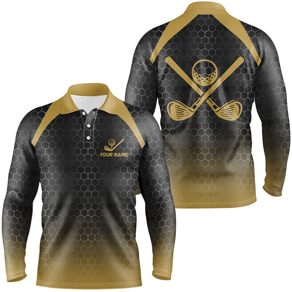 Golf Polo shirts, Mens Golf Polo Shirts Custom Black And Yellow Hexagon Pattern Golf Outfits Men, Cool Golf Gifts