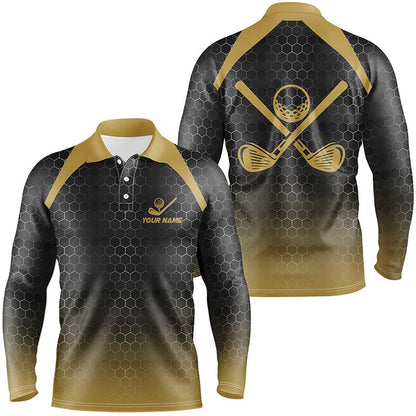 Golf Polo shirts, Mens Golf Polo Shirts Custom Black And Yellow Hexagon Pattern Golf Outfits Men, Cool Golf Gifts