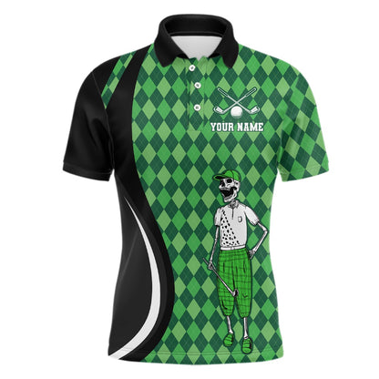 Golf Polo shirts, Mens Golf Polo Shirts Custom Black Green Argyle Pattern Golf Skull Golf Tops For Ladies