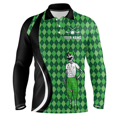 Golf Polo shirts, Mens Golf Polo Shirts Custom Black Green Argyle Pattern Golf Skull Golf Tops For Ladies