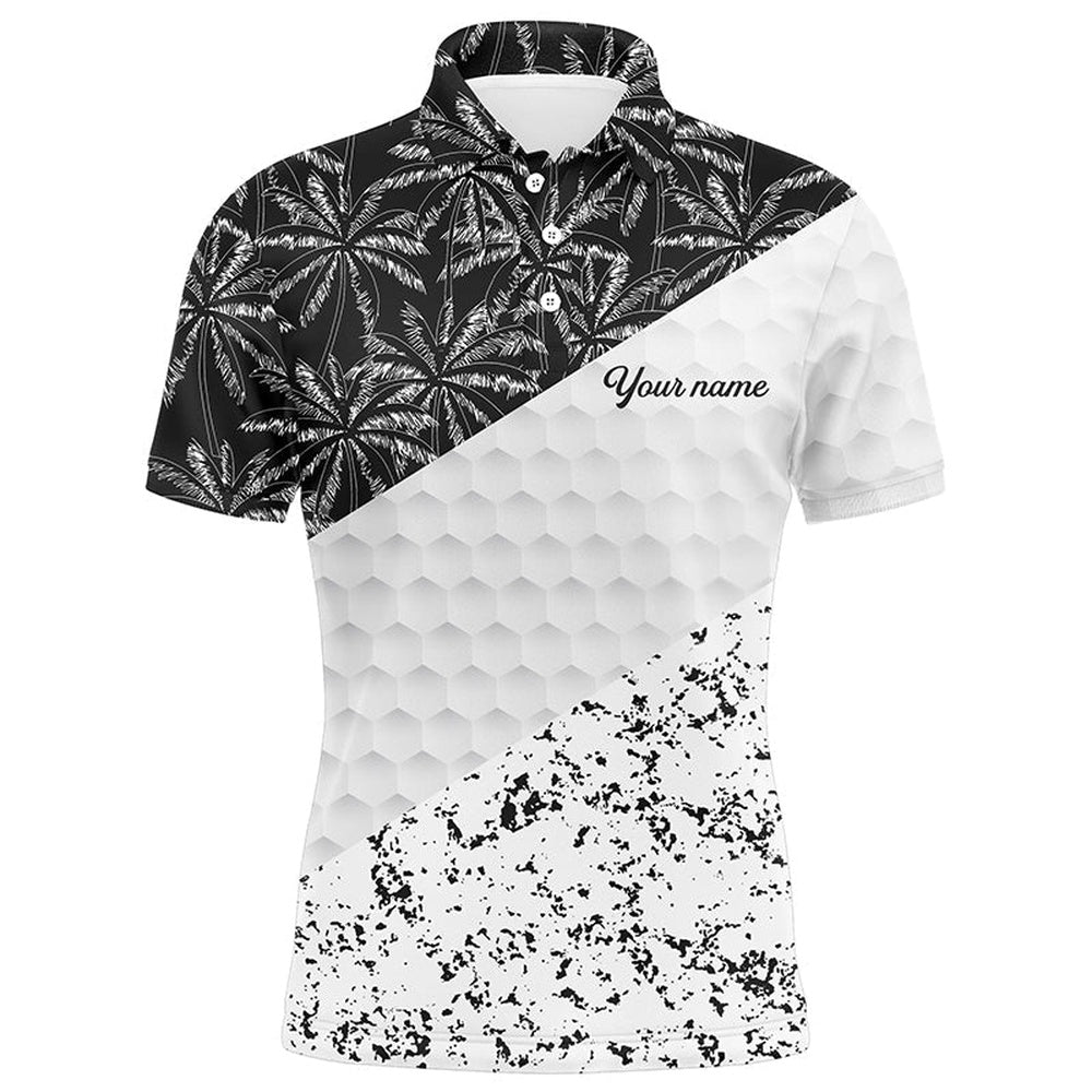 Golf Polo shirts, Mens Golf Polo Shirts Custom Black Tropical Palm Tree White Golf Shirt, Golf Apparel For Mens