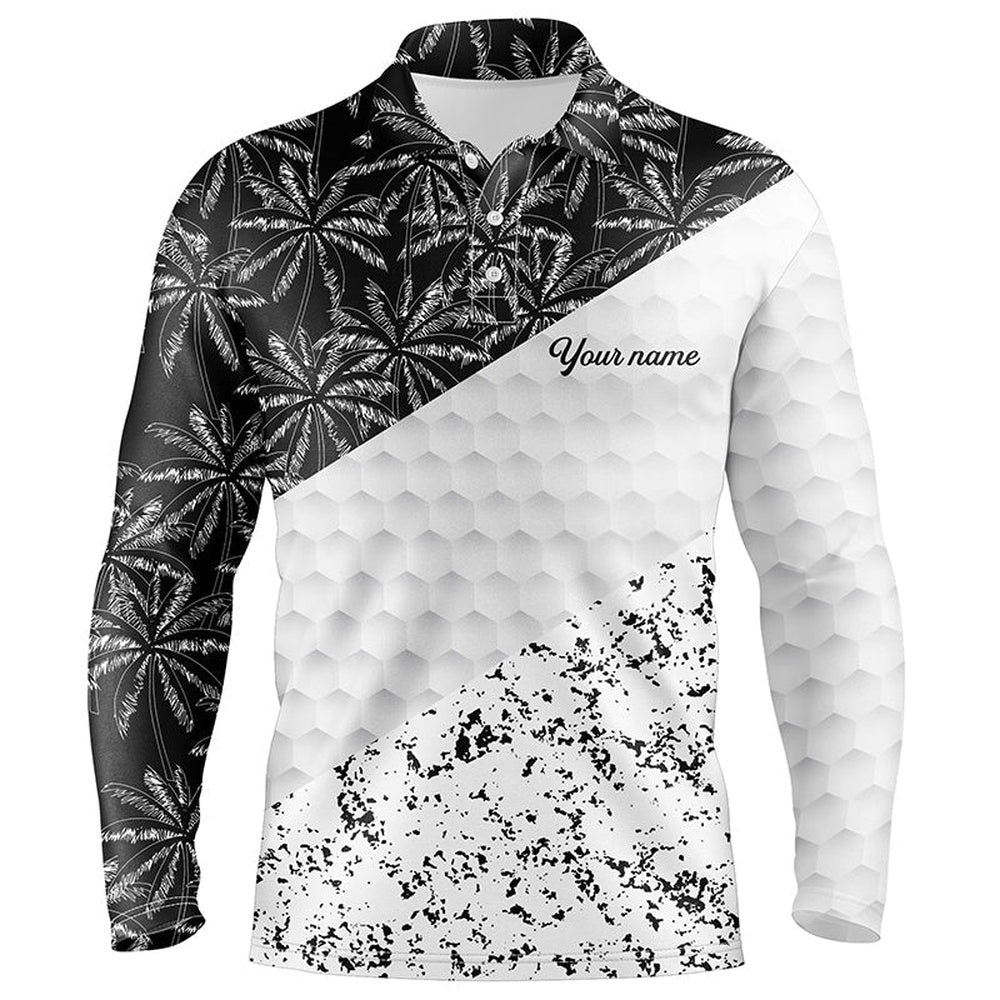 Golf Polo shirts, Mens Golf Polo Shirts Custom Black Tropical Palm Tree White Golf Shirt, Golf Apparel For Mens