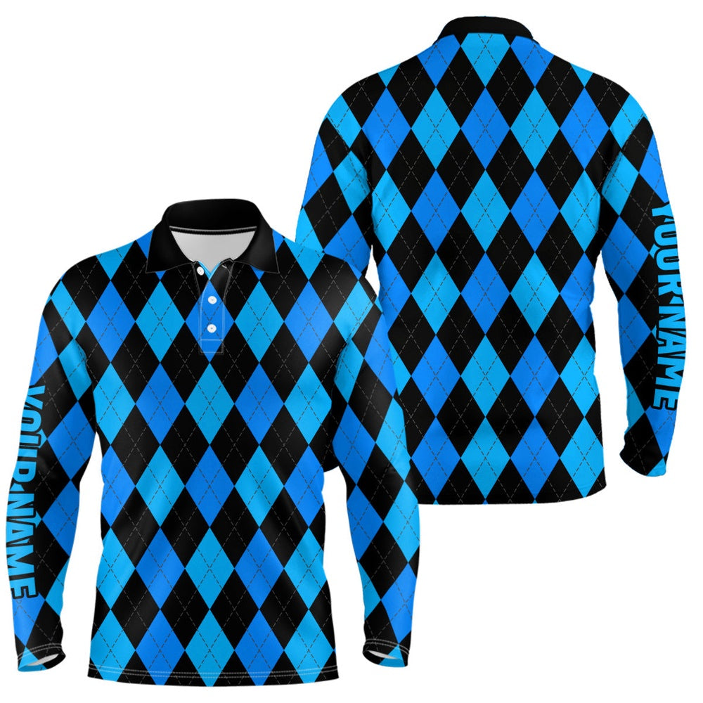 Golf Polo shirts, Mens Golf Polo Shirts Custom Blue And Black Argyle Plaid Pattern Golf Attire For Men